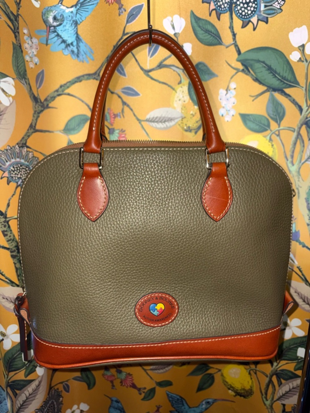 Dooney & Bourke Olive Pebble Leather Autism Awareness Zip Zip Satchel